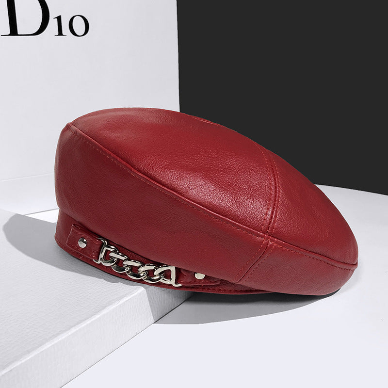 Women's British Vintage Chain Leather Beret Hat