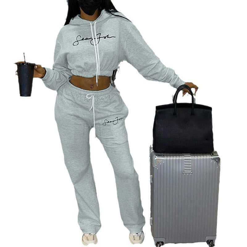 Letter Print Hooded Sweatshirt And Pants For Women