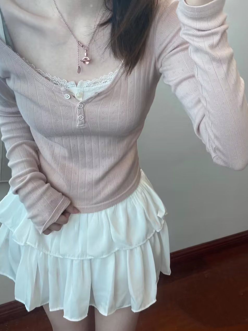 Pure Desire Long Sleeved Hollow Knitted T-shirt