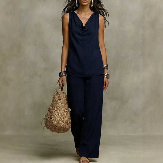 Womens Slash-Neck Sleeveless Tank Top And Casual Pants Set