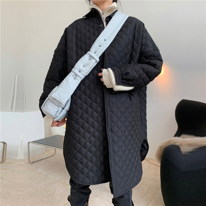Diamond Shirt-style Quilted Cotton Coat Loose And Thin Mid-length Thick Coat Women Autumn