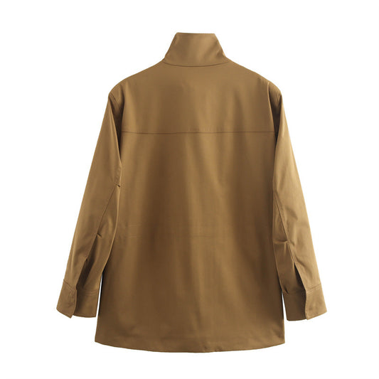 Women's Fashion Casual Stand Collar Long Sleeve Pocket Decorative Coat