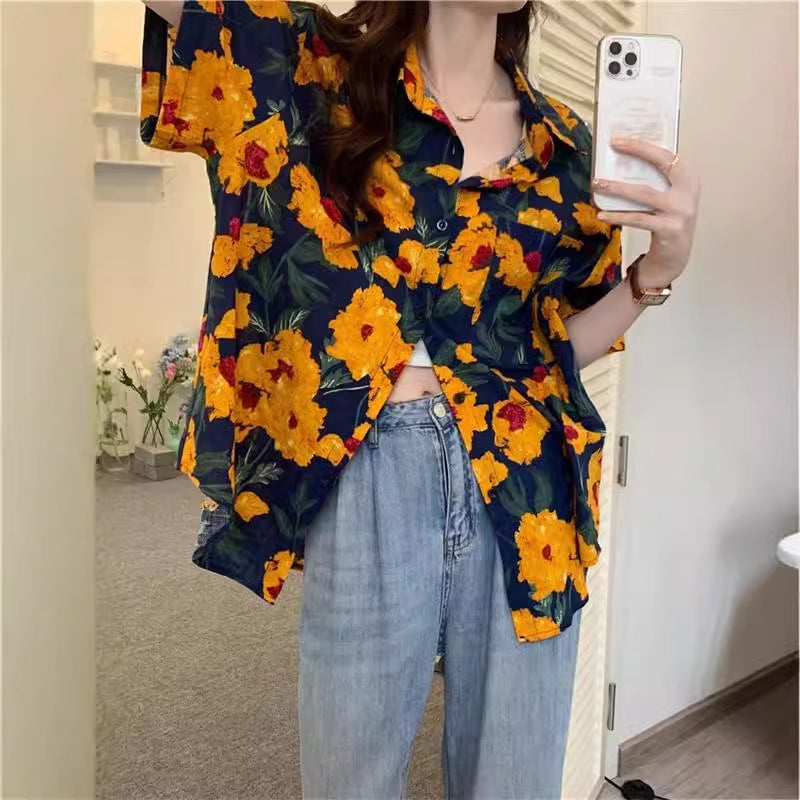 Retro Printed Shirt Top Summer Women's