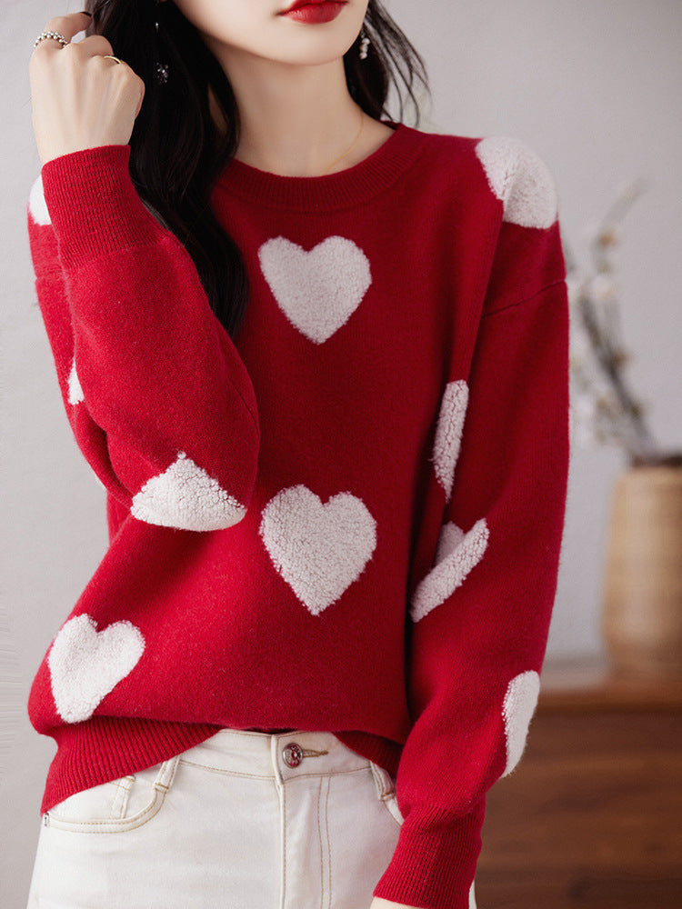 Round Neck Pullover Love Pure Wool Sweater Ladies