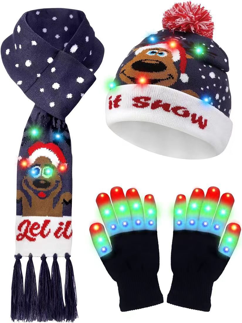 LED Christmas Knitted Hat Scarf Gloves Three-piece Set