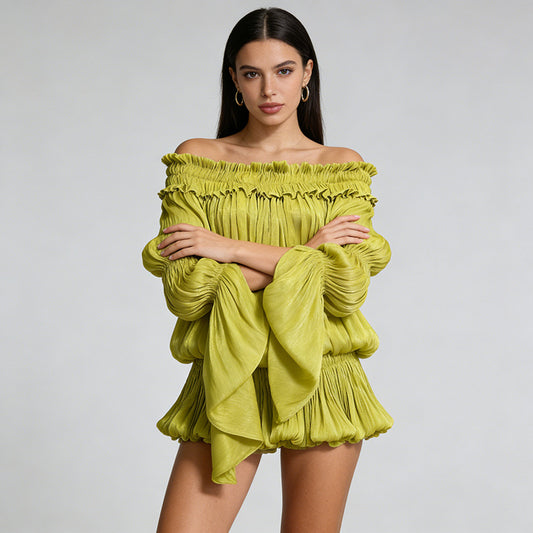 Elegant Off-the-shoulder Short Skirt With Fluttering Straps And A Tie-detail Design