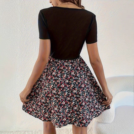SpringSummer Printed High Waisted Fake Two Piece Short Sleeve Dress For Women