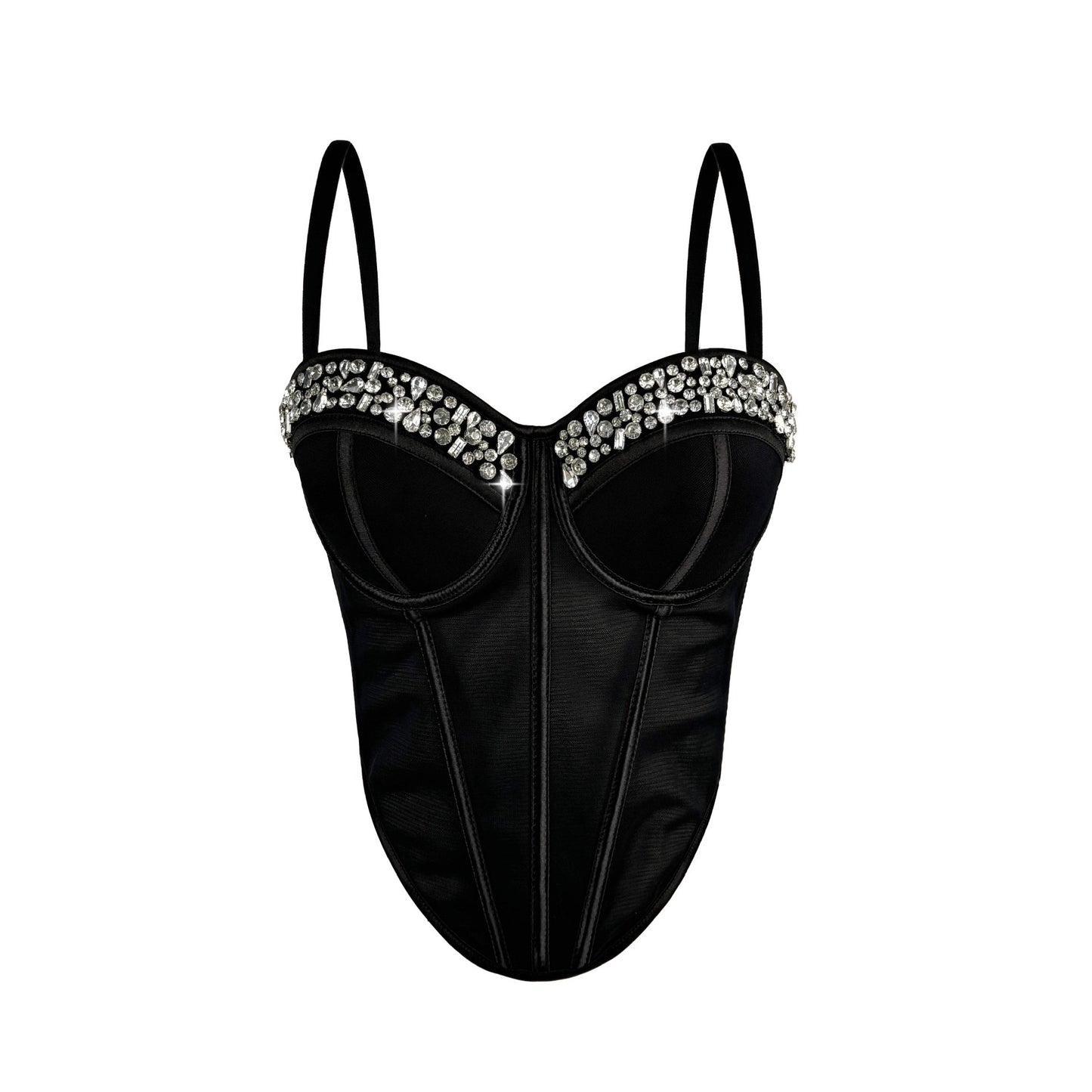 New Rhinestone Mesh Corset Fishbone Waist Sexy Backless Suspender