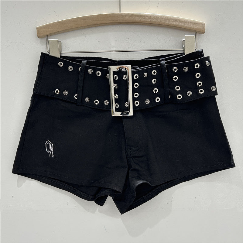 Women's Rose Embellished Rivet Belt Hot Pants