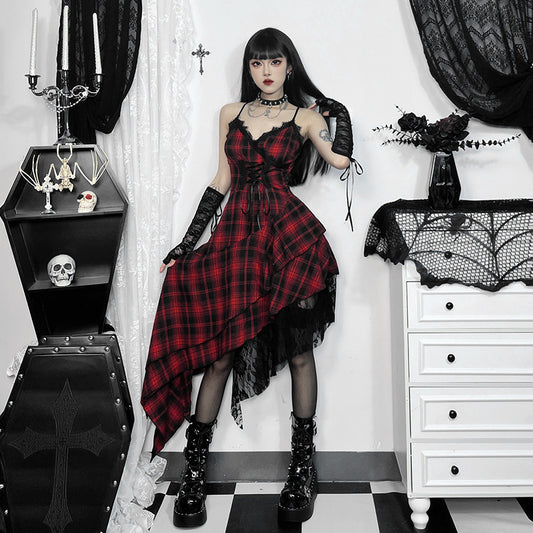 Lace-up Dark-colored Irregular Patchwork Hem Plaid Dress