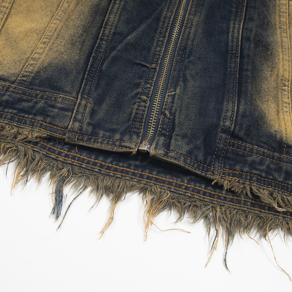 Waste Soil Spray Painting Distressed Raw Edge Denim Stand Collar Short Coat
