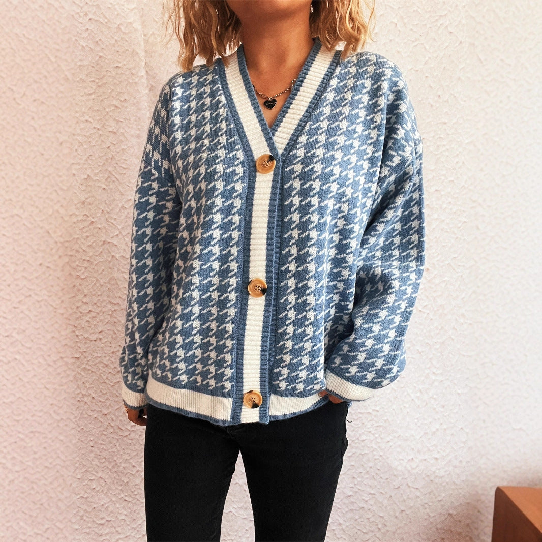 Stitching Plaid Knitted Women's Sweater