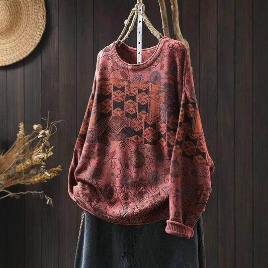Women's Vintage Printed Cotton Knitted Sweater Round Neck