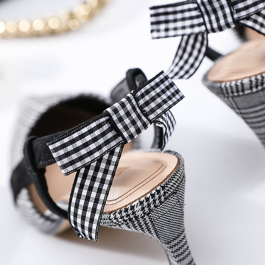 Small Pointed Toe Plaid Fashion High-heeled Sandals Bow Knot Women's Sandals All-match Almond Shoes Women