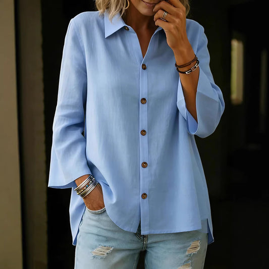 Single-breasted Solid-color Three-quarter-sleeve Womens Blouse