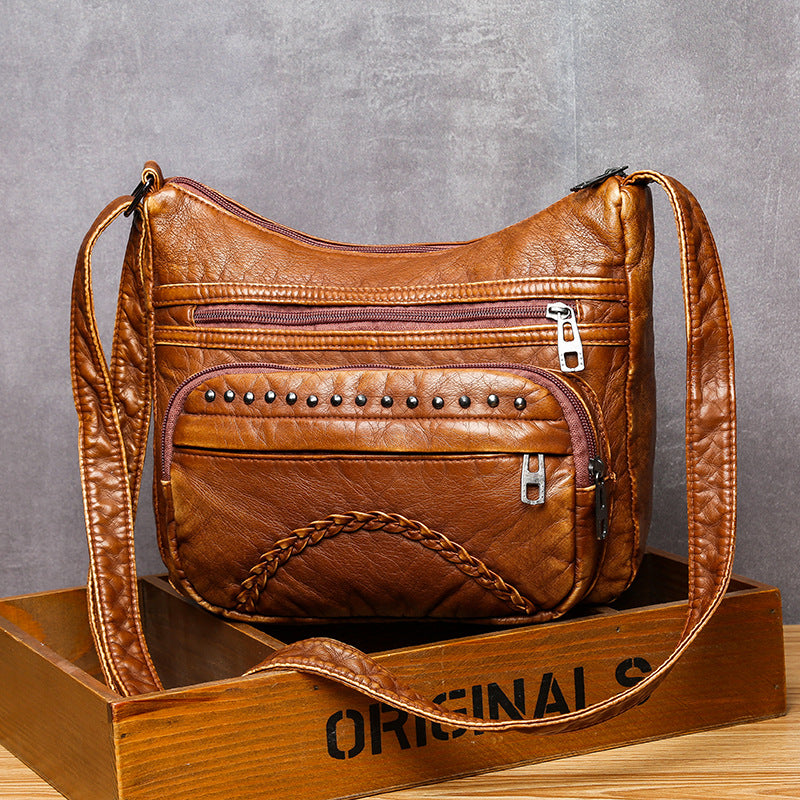 Washed Leather One Shoulder Casual Crossbody Bag