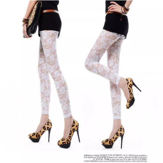Sexy Tight Slim-fitting Ankle Length Trousers Solid Color Breathable Lace Rose Leggings