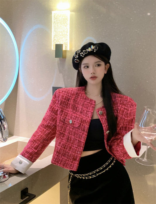 Rose Red Loose Autumn Short Jacket Top Button Long Sleeve