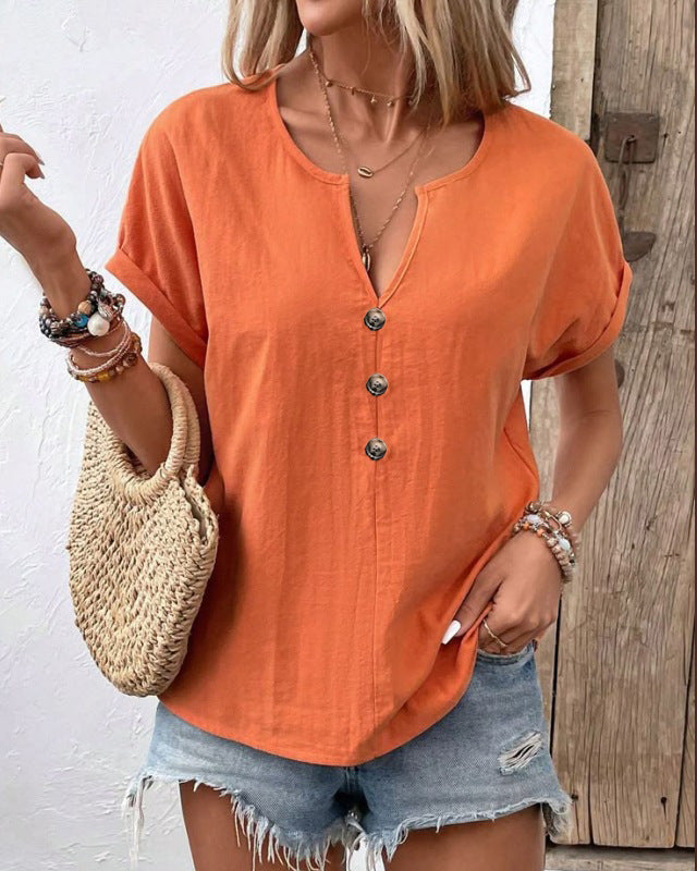 Women's Buttoned V-neck Short-sleeve T-shirt Top