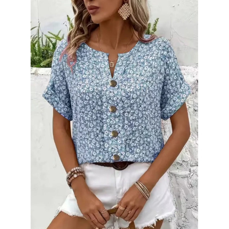Plant Jacquard V-neck Women's Short-sleeved T-shirt