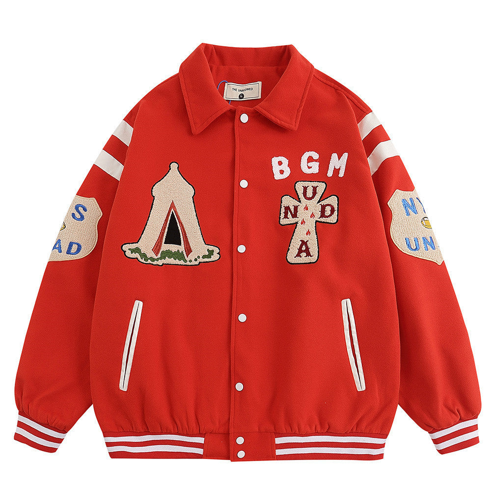 Towel Embroidered Lapel Jacket Baseball Men's Coat