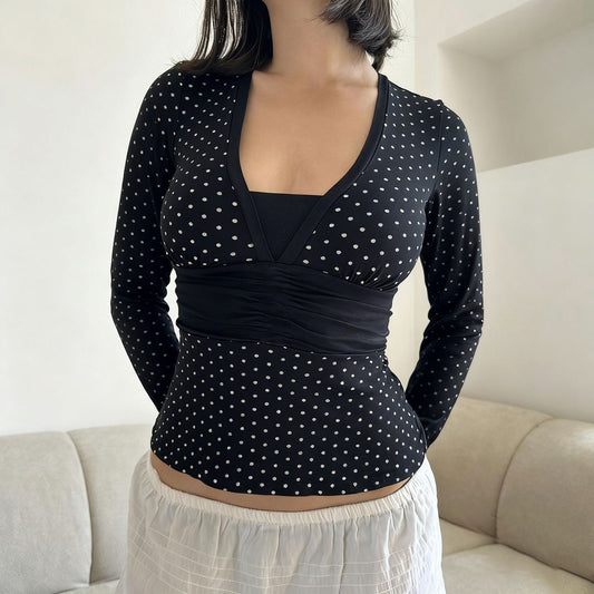 U-neck Slim-fit Low-cut Long-sleeve Faux Two-piece Polka-dot T-shirt