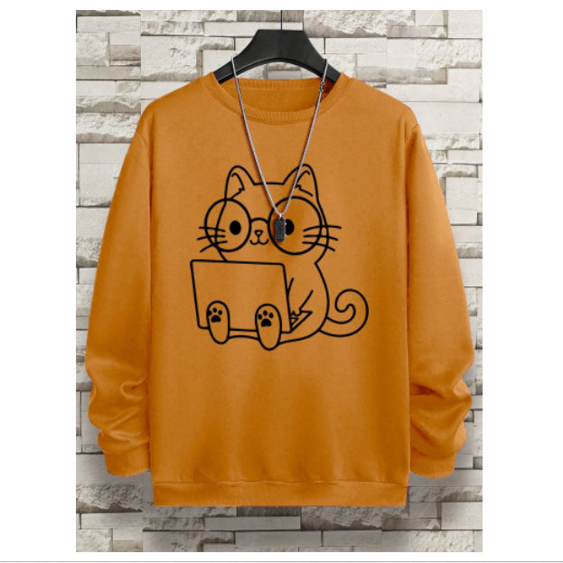 Gentleman Cat At Work Printed Men's Sweatshirt Hip Hop Loose