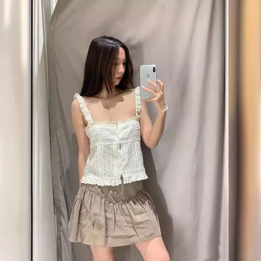 All-match Embroidered Ruffled Camisole Straight Collar Vest