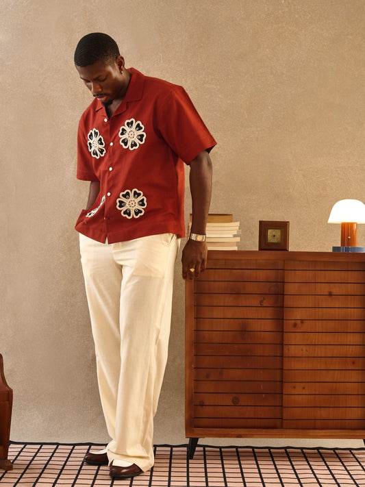 Men's Rust Red Floral Crochet Camp Collar Short Sleeve Shirt