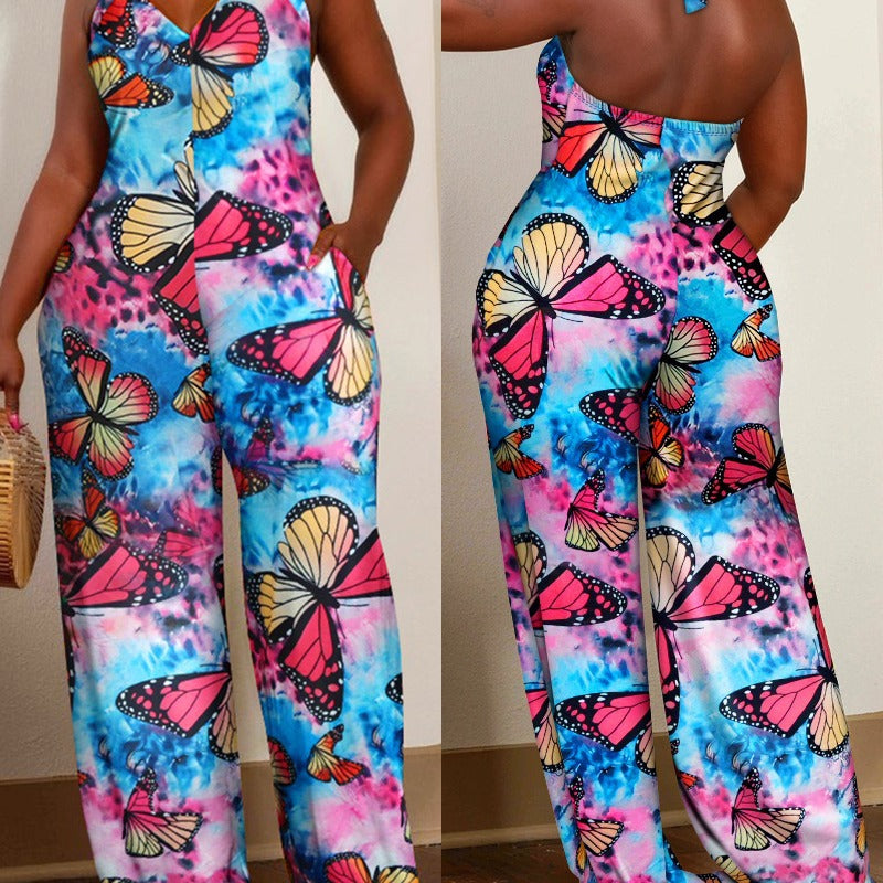 Foreign Trade Printing Halter Lace-up One-piece Pant Belt Pocket