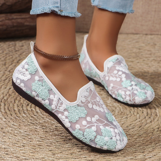 Nye broderede flade sko med blonder, åndbare, afslappede loafers til kvinder til sommer