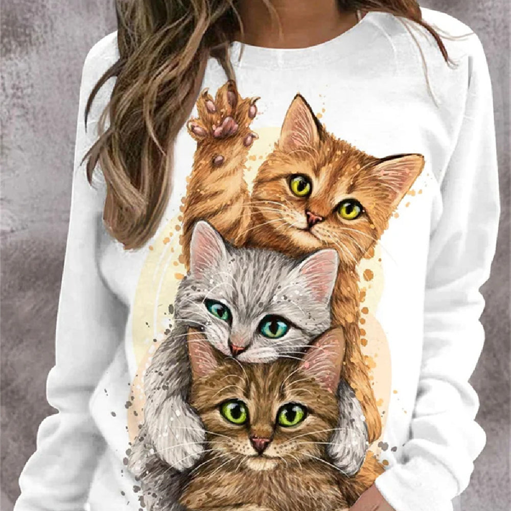 Løs langærmet sweatshirt med rund hals og print til damer