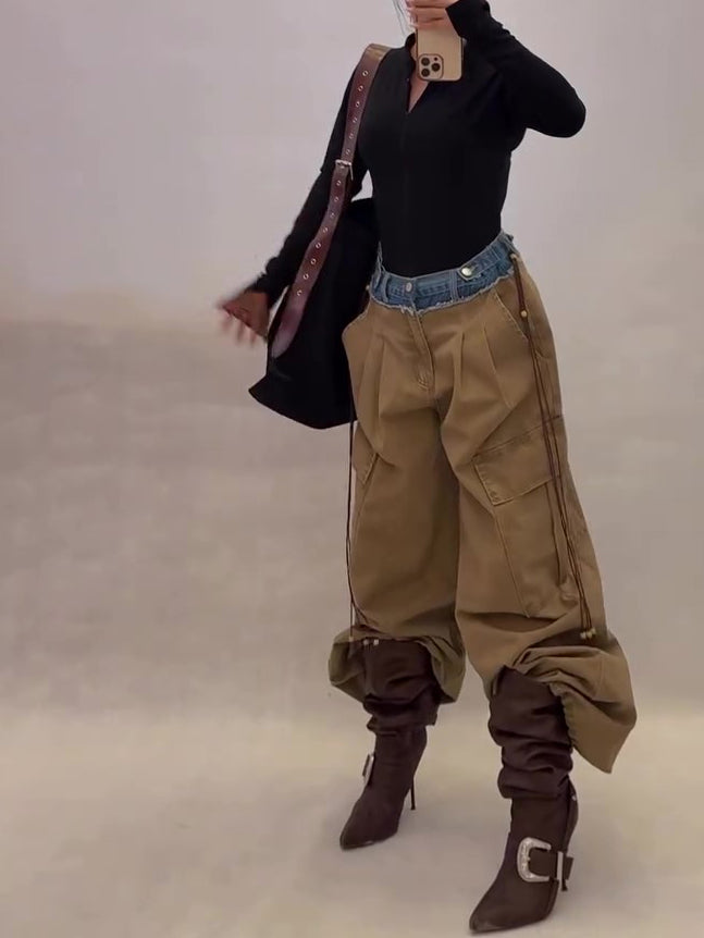 Khaki Denim Panel Drawstring Wide-Leg Cargo Pants