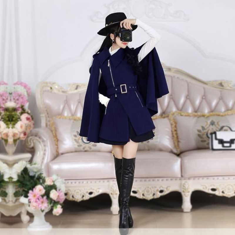 Women's Dark Blue British Zipper Cloak Woolen Coat
