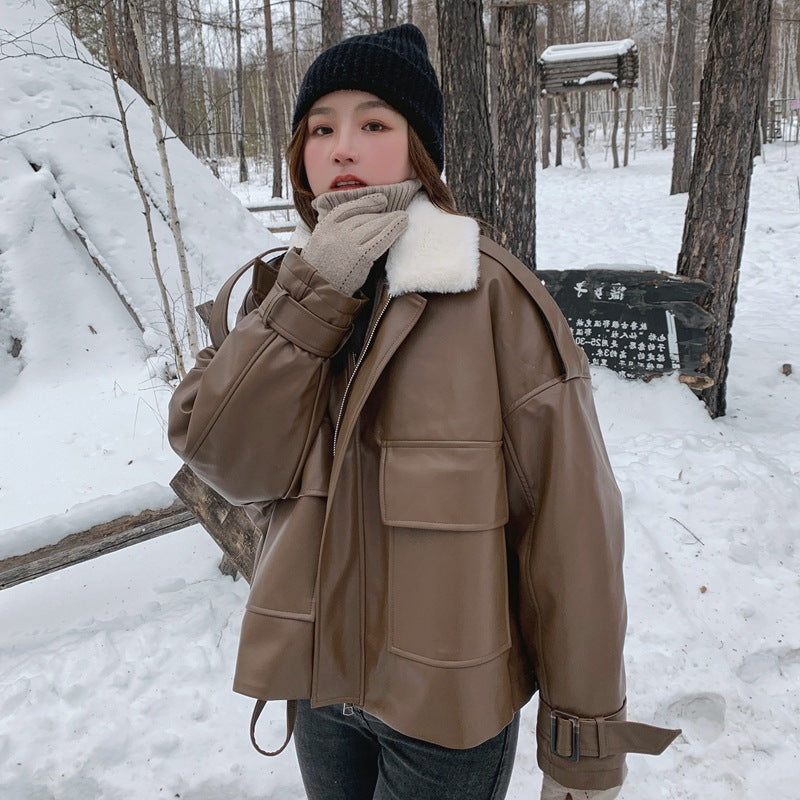Light Brown Lapel Small Rabbit Fur Thick Loose Short Leather Jacket