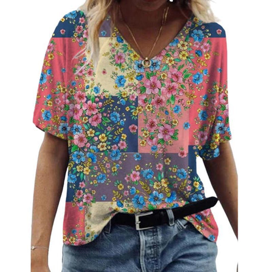 Blomsterprint Pullover V-hals Kortærmet T-shirt til Kvinder