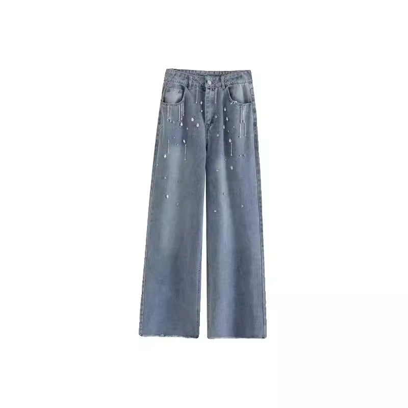 Dame Nye Mode Trendy Rhinestone Rå Kanter Design Lange Vide Ben Jeans