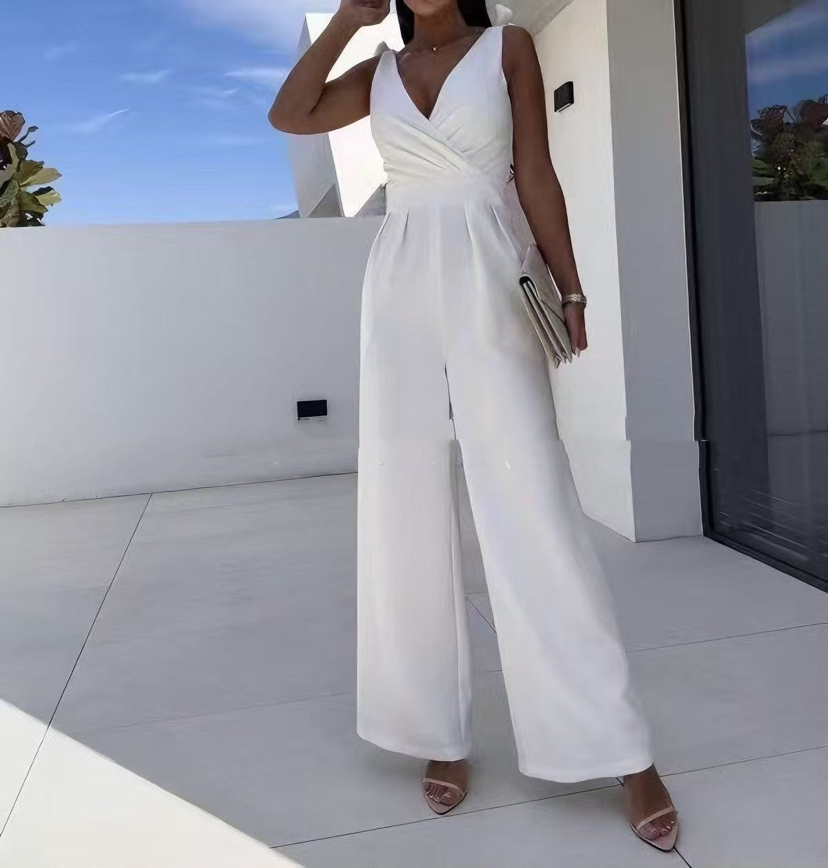 Fashionable Solid-Color V-Neck Sleeveless Long Jumpsuit