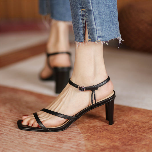 Summer Square Toe With Thick Heel Sandals Women's Mid-heel Soft Leather Black Roman Style