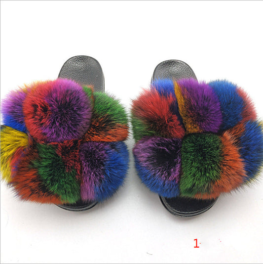 Flip Flops Fashion Outer Wear Fox And Raccoon Fur Children's Sandals And Slippers