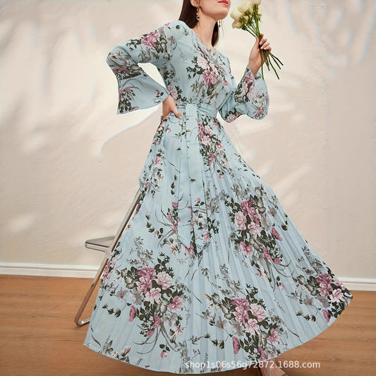 Round-neck Ruffled-sleeve Pleated-hem Dress