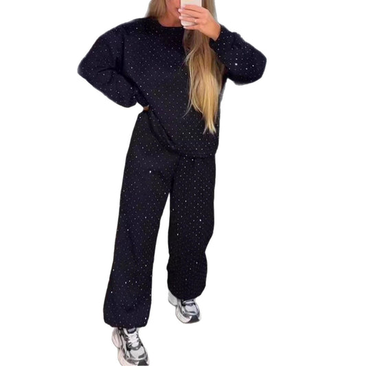 Womens Casual Crew-Neck Long-Sleeve Drawstring Ankle-Cuff Set