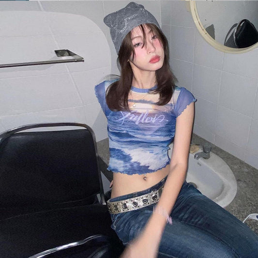 Summer New Personalized Printed Mesh See-through Sexy Tight-fitting Umbilical Cord T-shirt Top