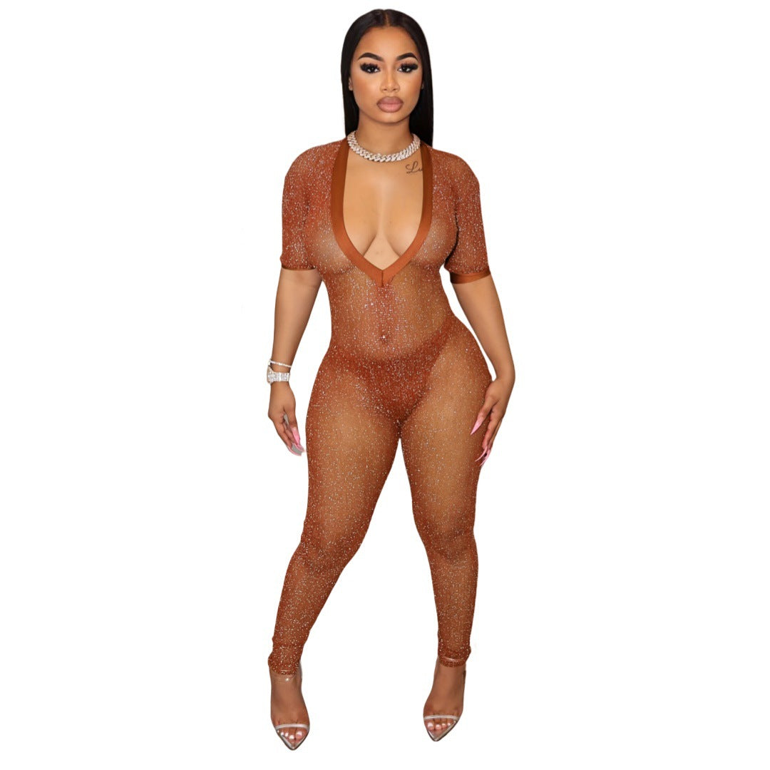 Moderigtig Semi-transparent Jumpsuit med Bred V-hals