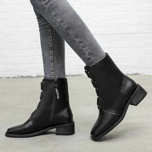 New Square Toe Thick Heel Side Zipper Short Boots