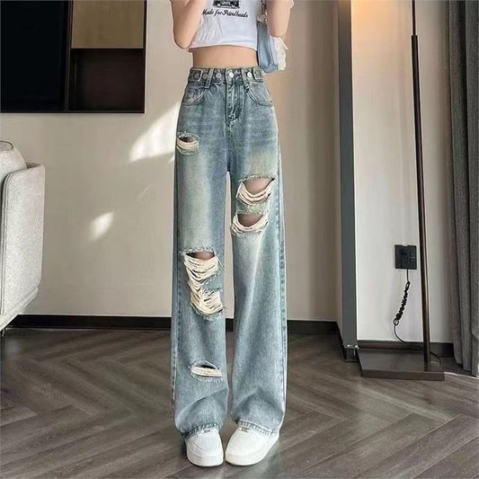Womens Baggy Plus-size Ripped Jeans