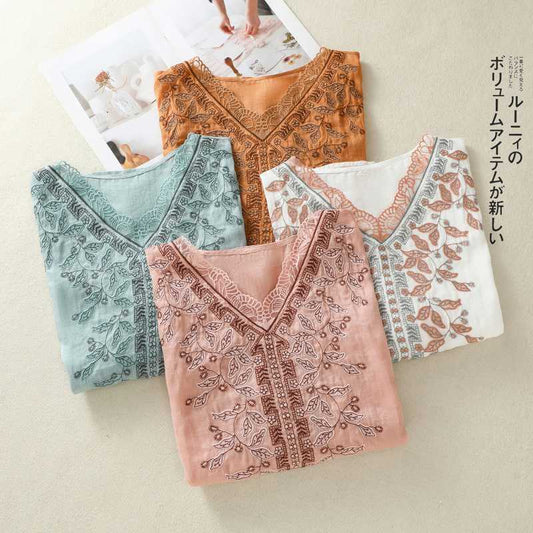 Vintage Embroidered V-Neck Blouse With Three-Quarter Sleeves For Women