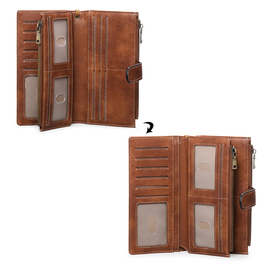Womens Long Wallet Multi-functional Vintage Tri-fold Purse