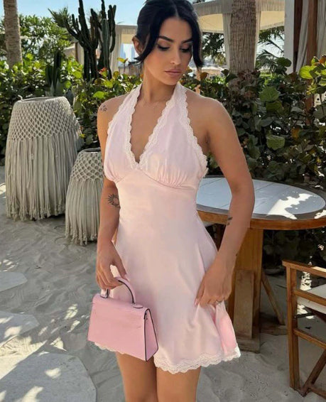 Womens V-neck Lace-trimmed Satin Dress