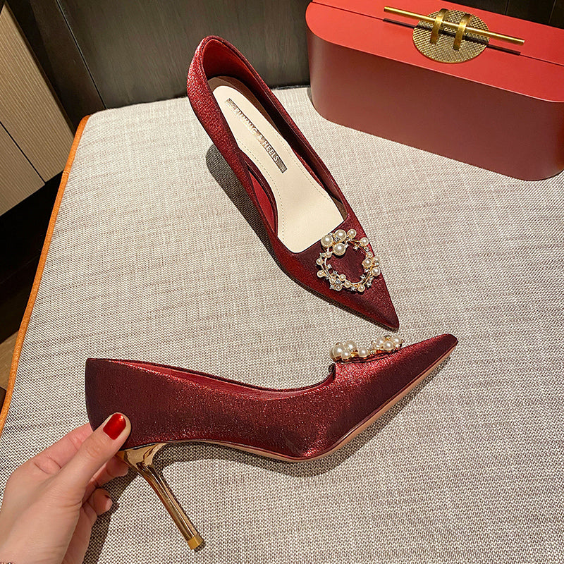 Square Buckle Red Wedding Wedding Two Wear Bridal Shoes High Heels Size Summer Women